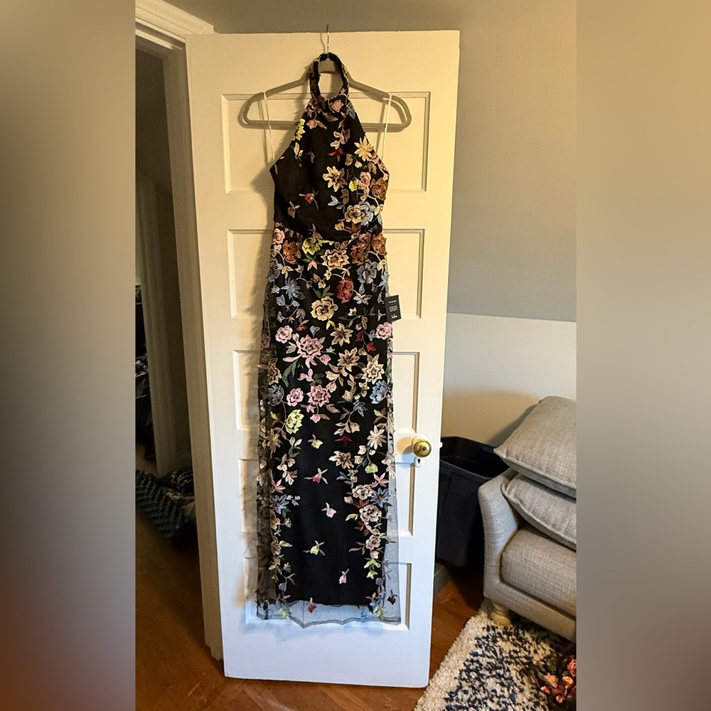 Lulu's Black Floral Embroidered Halter Dress